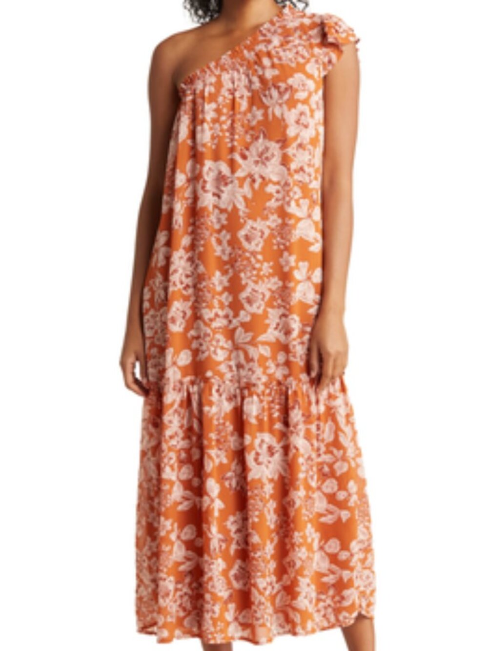 Collective Concepts Floral One Shoulder Midi Dress - Coral